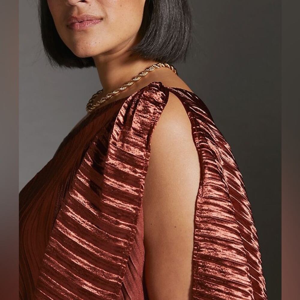 Anthropologie Guapa Pleated Satin One-Shoulder Mini Dress Bronze Size 6 New - Picture 4 of 13